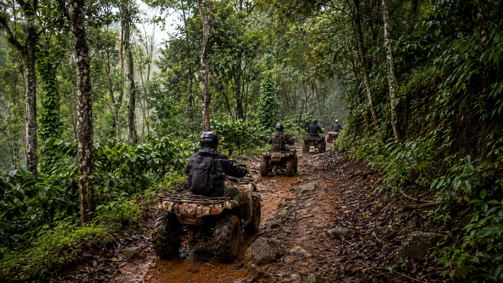 Three side-by-side buggies stopped on a wet red mud track with cloud in the valley behind, survey contours drawn over the frame