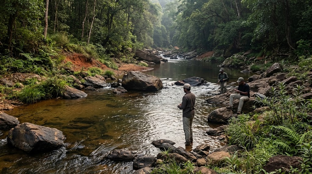 Three anglers working a rocky forest river, one standing in the shallows