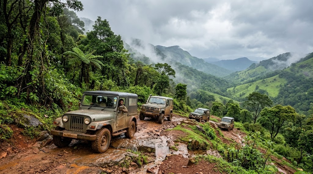 Convoy descending a rock and mud shelf with cloud filling the valley behind