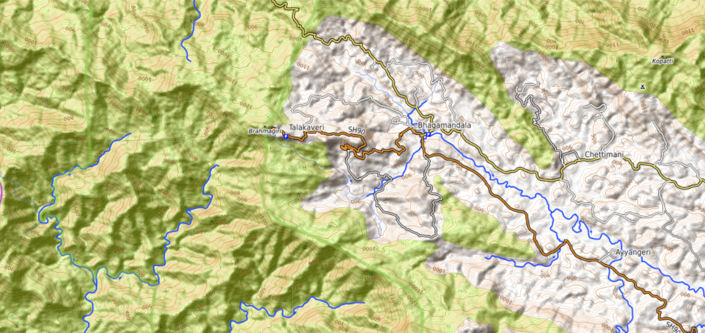 Survey extract showing Brahmagiri, Talakaveri and Bhagamandala with river lines, forest shading and the SH90 road
