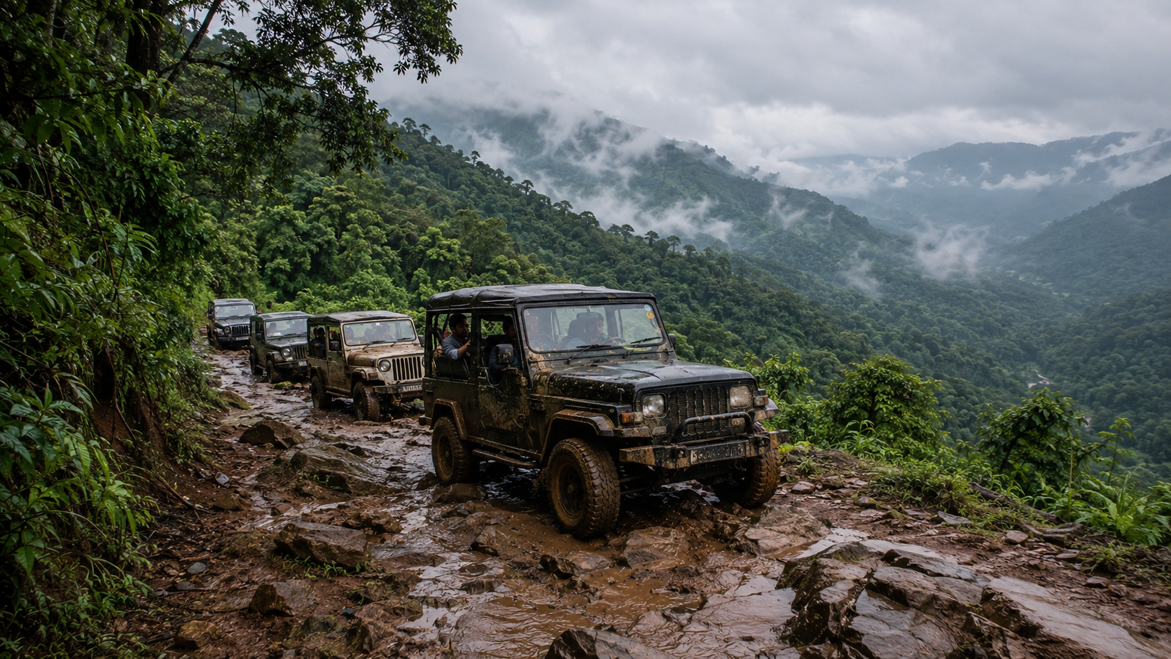 A convoy on a wet estate road