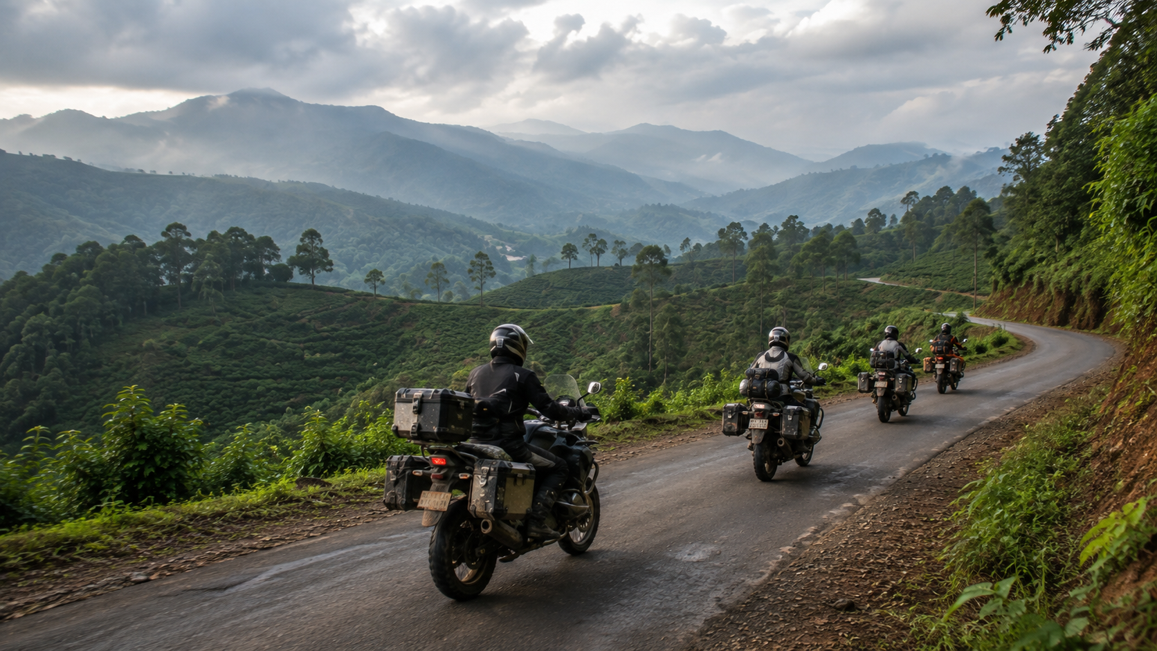 A single loaded rider on an empty ghat road, cloud sitting in the valley below