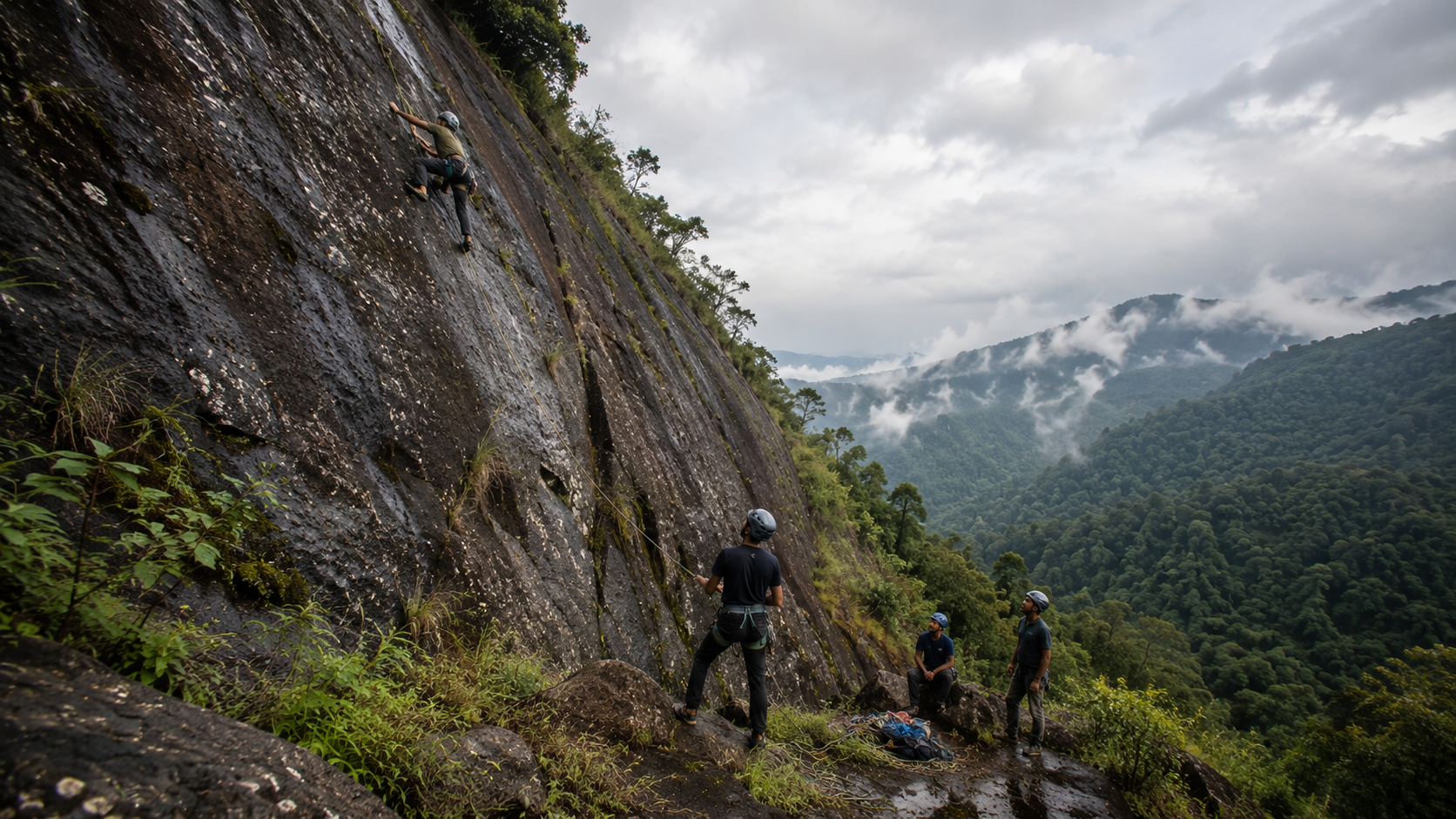 A climber on a wet gneiss slab with belayer and two others watching from the ledge, forest valley behind