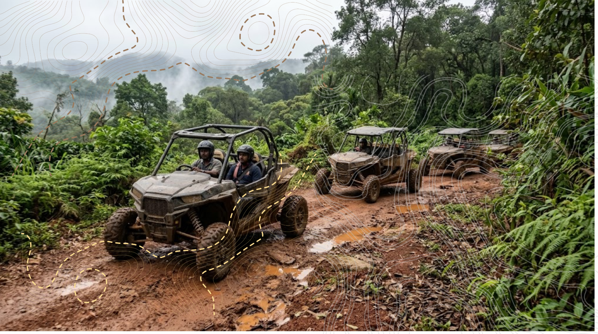 Four quad bikes climbing a wet rock and laterite trail through coffee under high forest