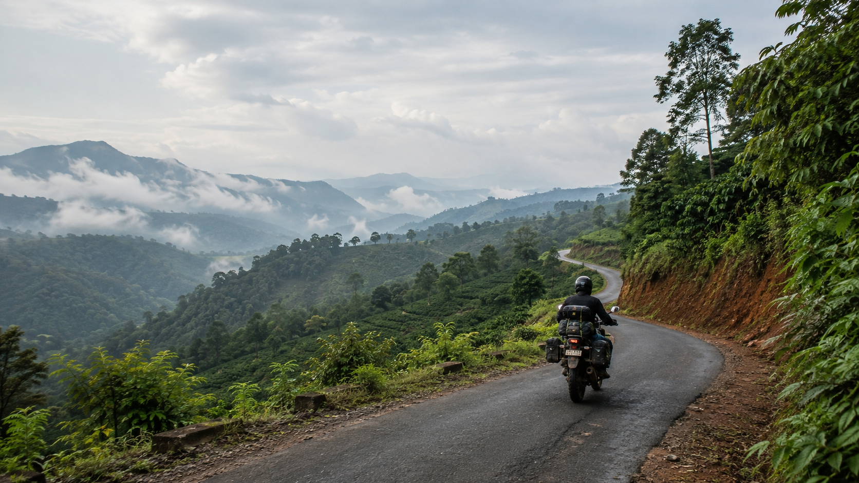 Four adventure motorcycles riding a sealed ghat road above tea and forest, ranges receding in mist