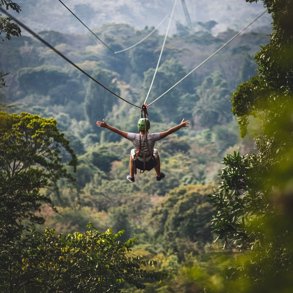 A rider suspended on a zipline above unbroken forest canopy, small against the valley